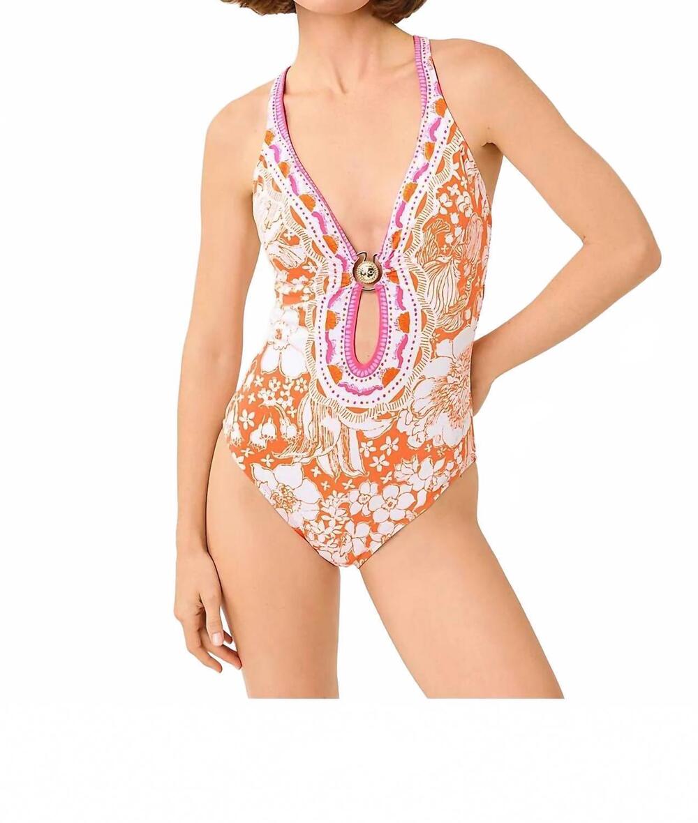 NEW LILLY PULITZER ester one piece swimsuit in sunset orange budding romance eng